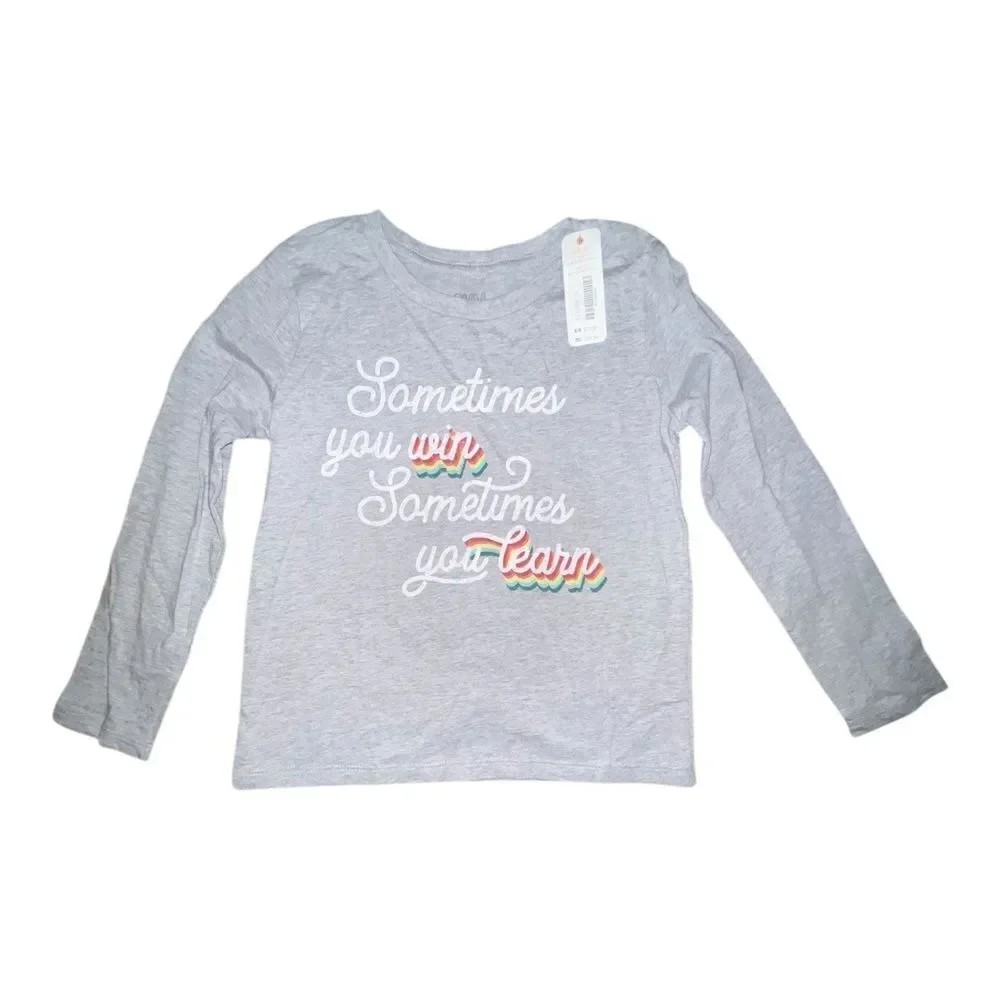 Gymboree Girls Gray Win Learn Graphic Long Sleeve T-Shirt Rainbow Small NWT